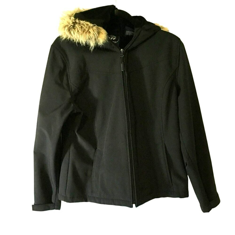 Dutch Harbor Gear Rain Jacket Women's Sz Large Softshell Fur-Trim Hooded Black